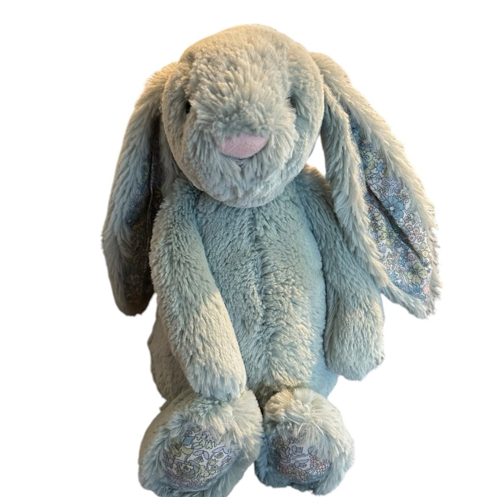 JellyCat Plush Animal Teal Soft  Floral Embellished White Cotton Tail Bunny
